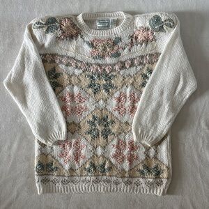 Vintage Shenanigans Cream Hand Knit Fair Isle Cottage Large Sweater